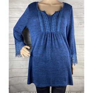One World Sweater Blue Thin Knit Crochet Lace Trim BOHO
